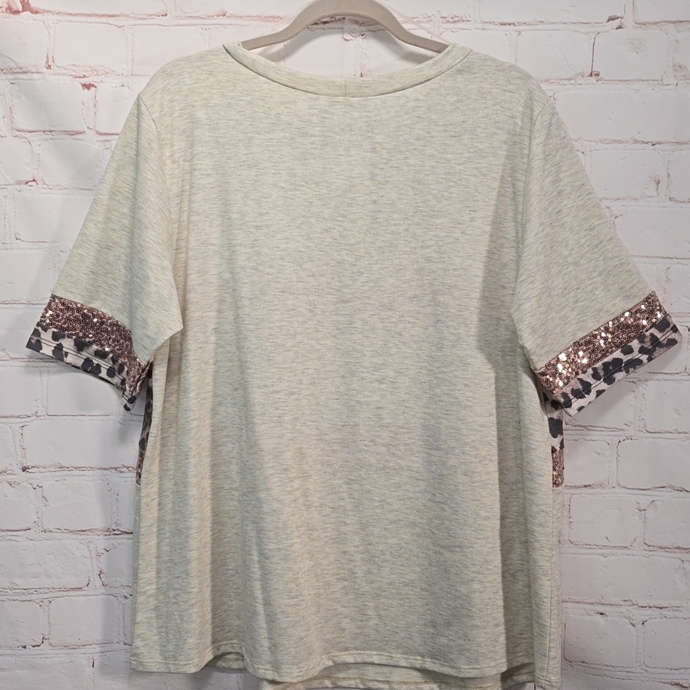 Glitzy Girlz Leopard & Sequins Rose Gold Sparkle Oatmeal Short Sleeve Size 3x - Picture 6 of 9